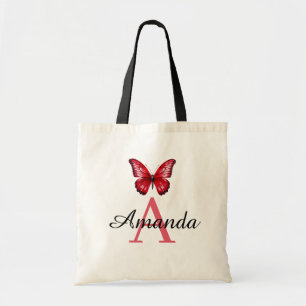 Elegant Red Butterfly Name Monogramed Tote Bag