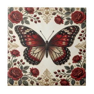 Elegant Red Butterfly Rose Vintage Pattern Design Ceramic Tile