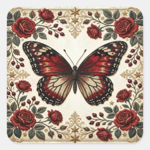Elegant Red Butterfly Rose Vintage Pattern Design Square Sticker