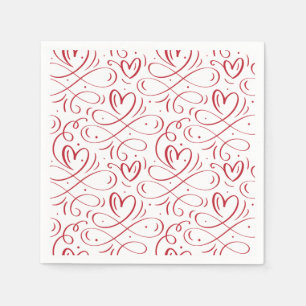 Elegant Red Calligraphy Hearts Wedding Napkins
