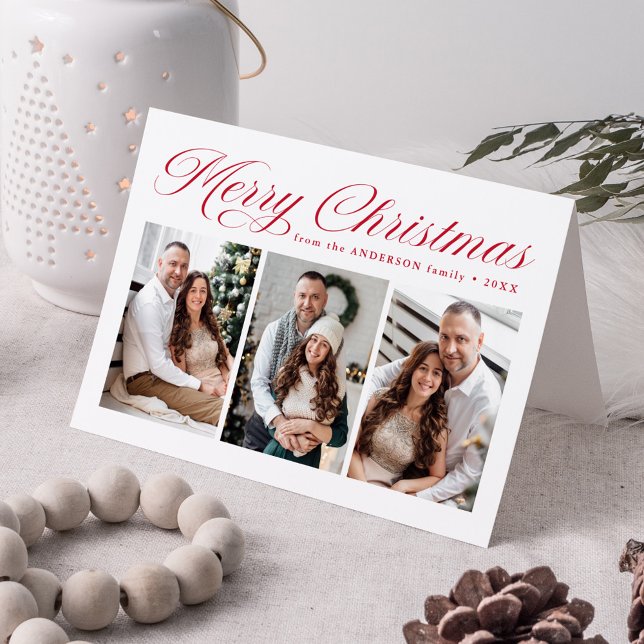 Elegant Red Calligraphy Merry Christmas 3 Photo Holiday Card (Creator Uploaded)