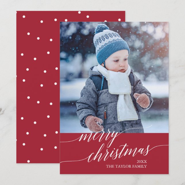 Elegant Red Calligraphy Merry Christmas Photo Holiday Card (Front/Back)