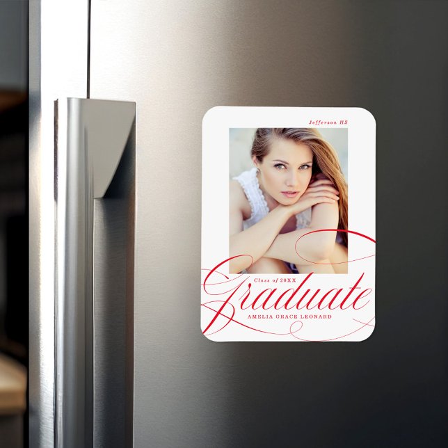 Elegant Red Calligraphy Script Photo Graduation Magnet (Creator Uploaded)
