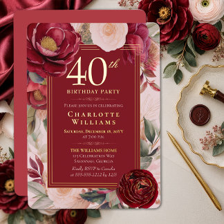 Elegant Red Camellia Floral 40th Birthday Gold