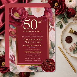 Elegant Red Camellia Floral 50th Birthday Gold