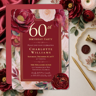 Elegant Red Camellia Floral 60th Birthday Gold