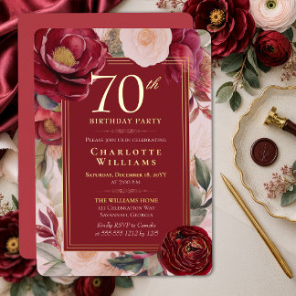 Elegant Red Camellia Floral 70th Birthday Gold