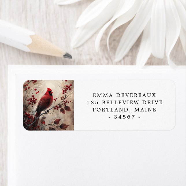 Elegant Red Cardinal and Berries Return Address Label (Insitu)
