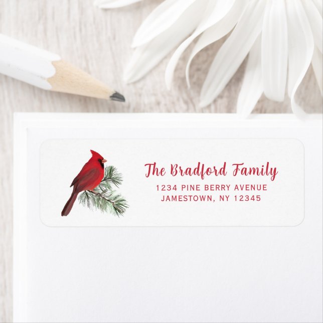 Elegant Red Cardinal Bird Christmas Holiday Return Address Label (Insitu)