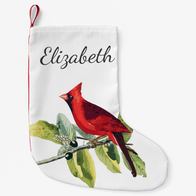 Elegant Red Cardinal Bird & Name in Script Small Christmas Stocking (Front)