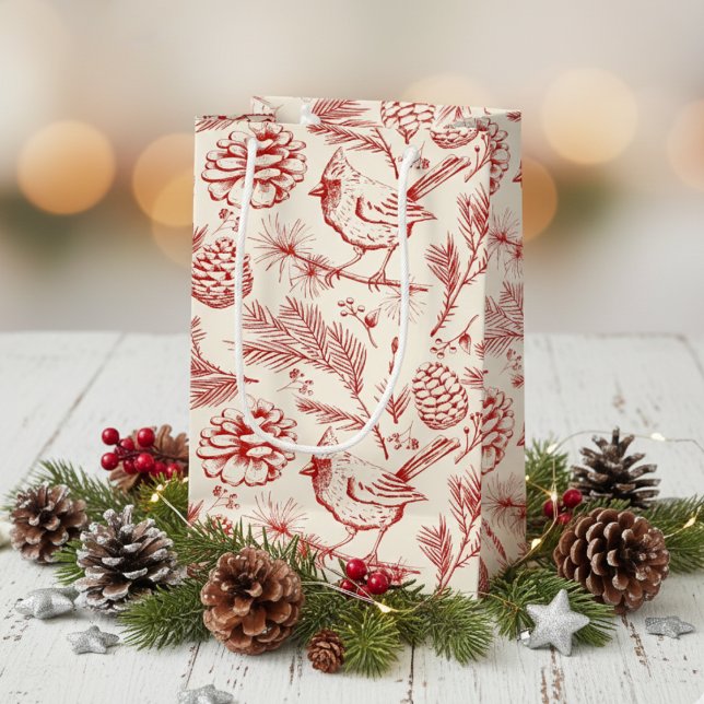 Elegant Red Cardinal Bird, Pine and Winter Berries Small Gift Bag (Elegant Winter Cardinal Bird Gift Bags. Festive Red Bird, Pinecones, Pine Greenery & Berries Pattern)