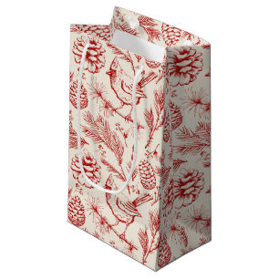Elegant Red Cardinal Bird, Pine and Winter Berries Small Gift Bag