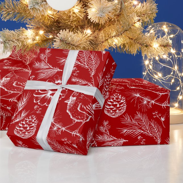 Elegant Red Cardinal Bird, Pine and Winter Berries Wrapping Paper (Holidays)