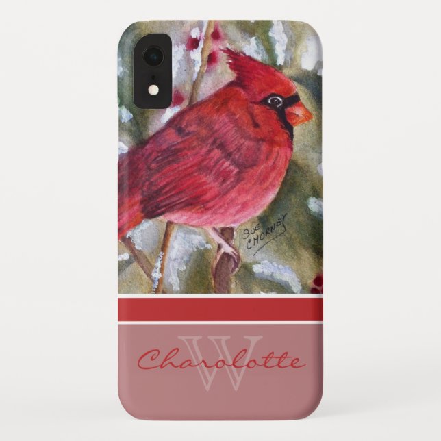 Elegant Red Cardinal Monogram Name Case-Mate iPhone Case (Back)
