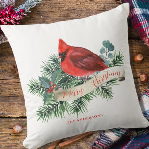 Elegant Red Cardinal Pine Botanical Christmas Cushion