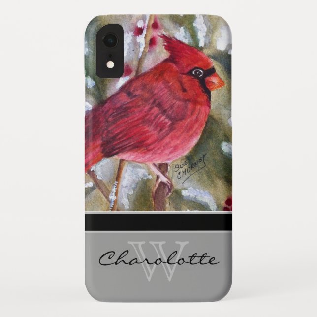 Elegant Red Cardinal w Black Monogram Name Case-Mate iPhone Case (Back)