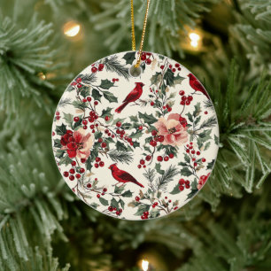 Elegant Red Cardinal Winter Botanical Cream Ceramic Ornament