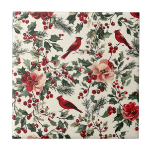 Elegant Red Cardinal Winter Botanical Cream Ceramic Tile