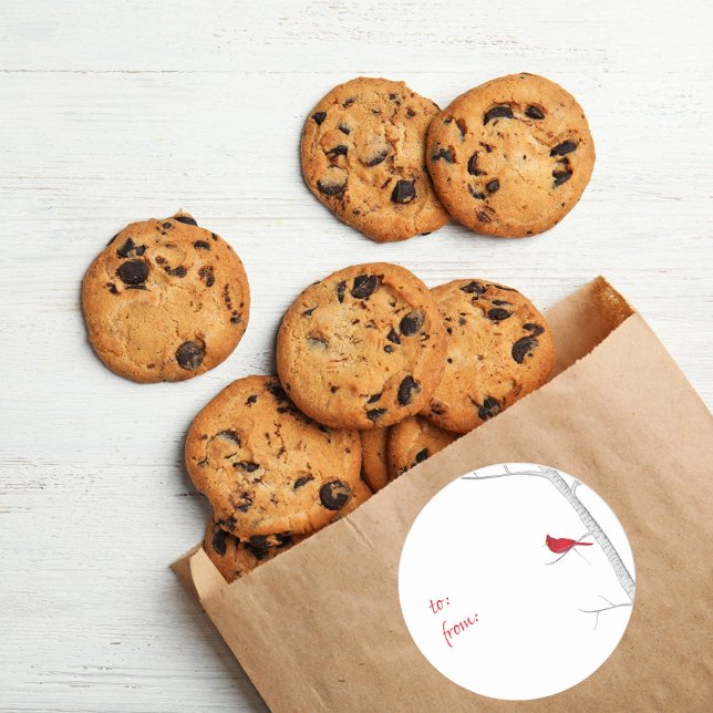 Elegant Red Cardinal Winter Minimalist To From  Classic Round Sticker (Simple watercolor red cardinal circle sticker with "to" and "from" wording.)