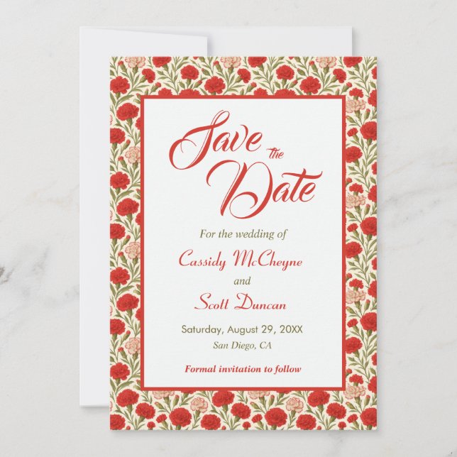 Elegant Red Carnation Flower Wedding Save the Date (Front)