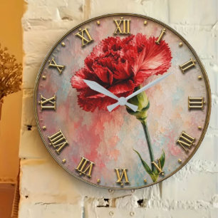 Elegant Red Carnation Vintage Botanical Floral Dec Large Clock