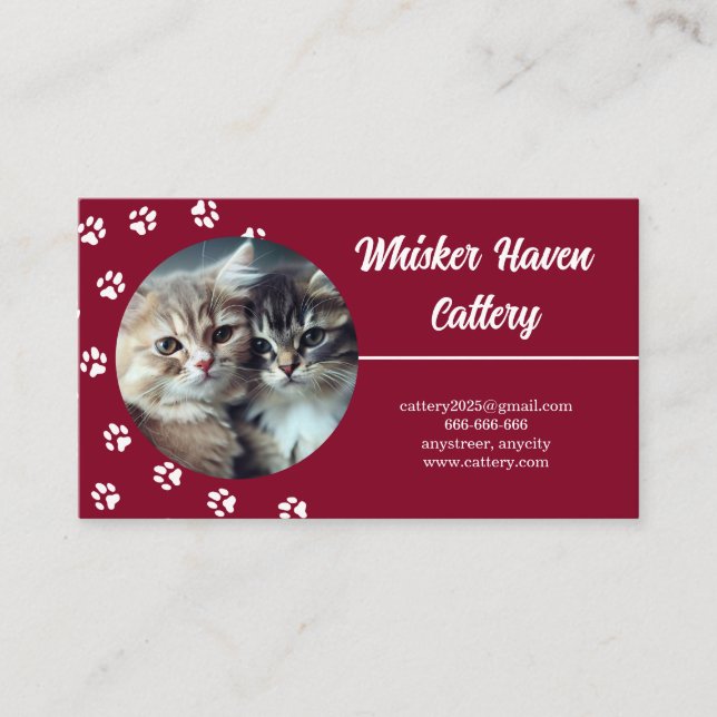 Elegant Red Cattery Business Card Custom Photo (Front)
