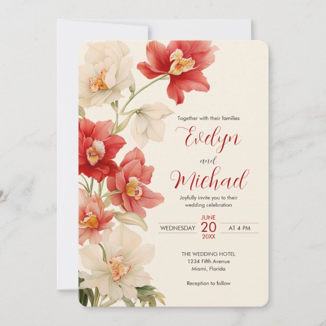 Elegant Red Cattleya Orchids Flowers Wedding Invitation (Front)