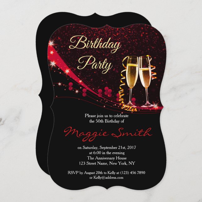 Elegant Red Champagne Birthday Party Invite (Front/Back)