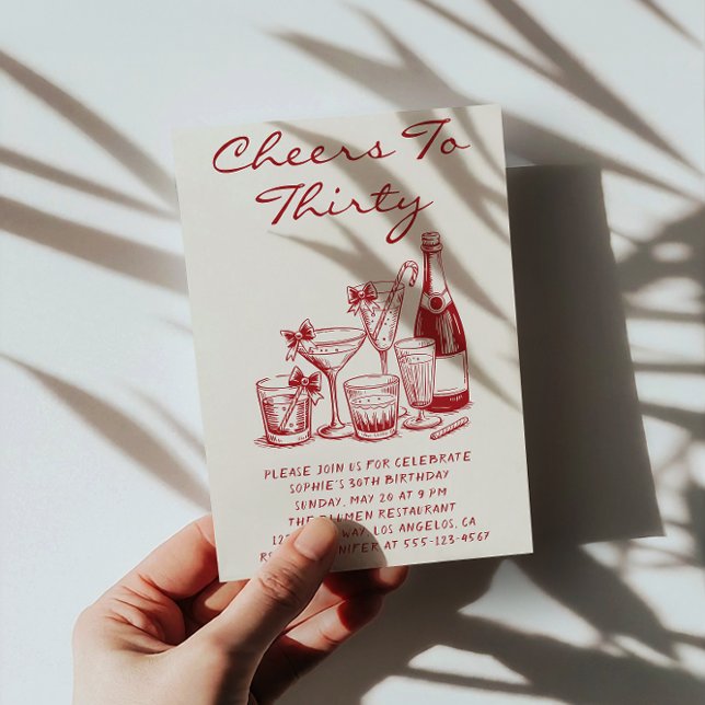 Elegant Red Cheers to Thirty Cocktail Birthday Invitation (Creator Uploaded)