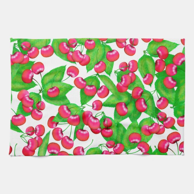 Elegant Red Cherries and Green Leaves Pattern | Tea Towel (Horizontal)