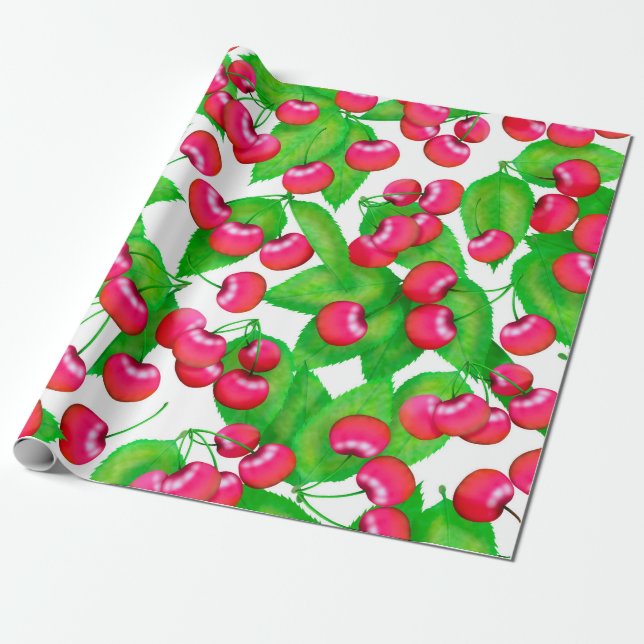Elegant Red Cherries and Green Leaves Pattern | Wrapping Paper (Unrolled)
