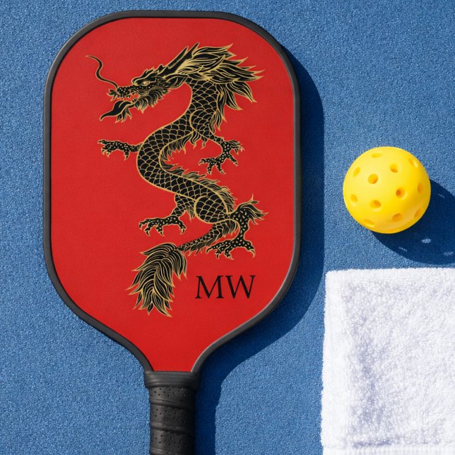 Elegant Red Chinese Gold Dragon Monogram  Pickleball Paddle (Unique Pickleball Player Paddle. Dragon style. Perfect for dinking and staying out of the kitchen. )