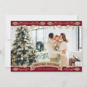 Elegant Red Christian Photo Christmas Blessings Holiday Card