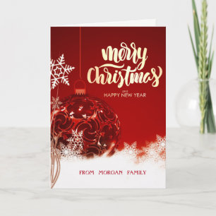 Elegant Red Christmas Ball, Snowflakes Holiday Card