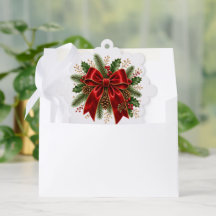 Elegant Red Christmas Bow with Holly & Pinecones