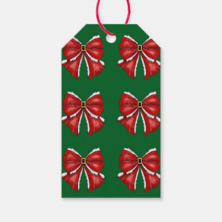 Elegant Red Christmas Bows on Dark Green Gift Tags