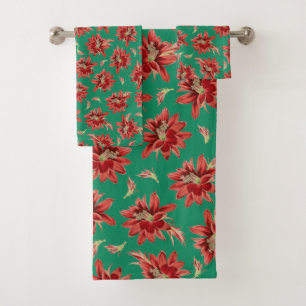 Elegant Red Christmas Cactus Flowers on Green Bath Towel Set