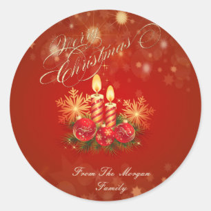 Elegant Red Christmas Candles, Balls ,Snowflakes Classic Round Sticker