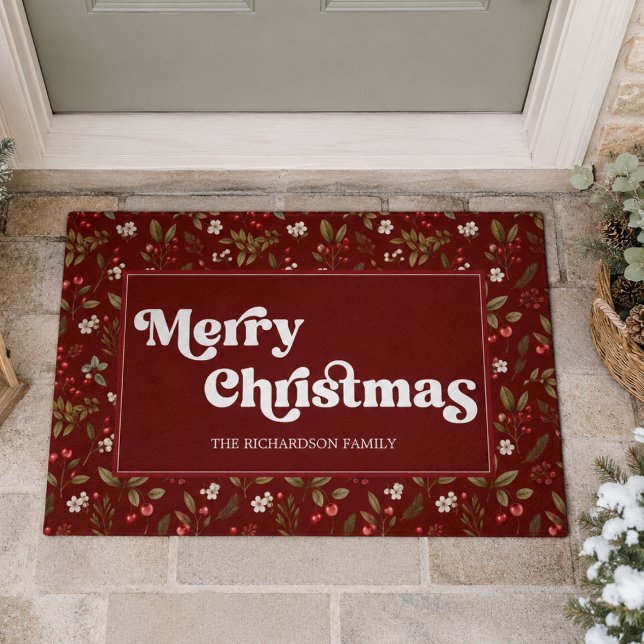 Elegant Red Christmas Doormat (elegant retro vintage red botanical merry christmas typography doormat with custom family name)