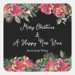Elegant Red Christmas Flowers Black Background  Square Sticker