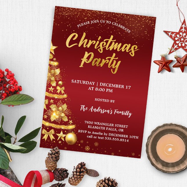 Elegant Red Christmas Glitter Tree Gold Party Invitation (Creator Uploaded)