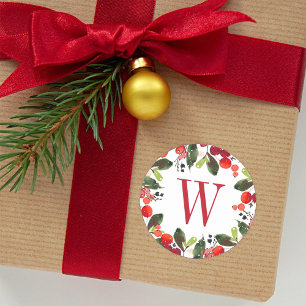 Elegant Red Christmas Greenery Berry Monogram Classic Round Sticker