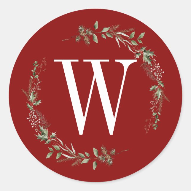 Elegant Red Christmas Greenery Monogram Wreath Classic Round Sticker (Front)