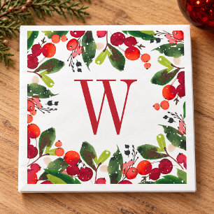Elegant Red Christmas Greenery Monogram Wreath Napkin