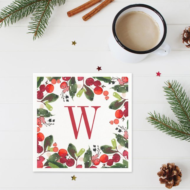Elegant Red Christmas Greenery Monogram Wreath Napkin (Creator Uploaded)