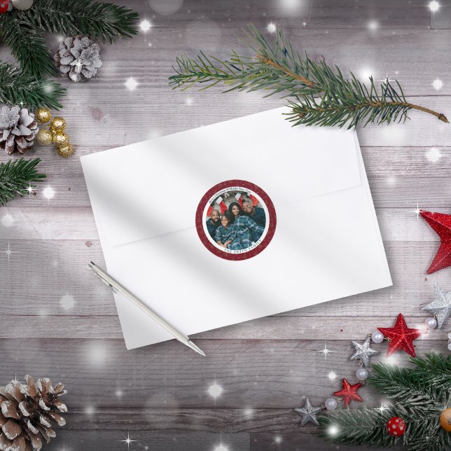 Elegant Red Christmas & Happy New Year Photo Classic Round Sticker (Elegant Crimson Red Christmas & New Year Greetings with personalised Photo)