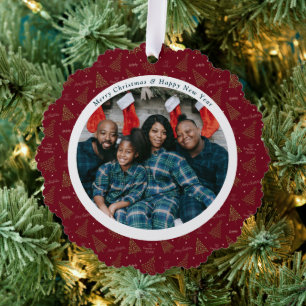 Elegant Red Christmas & Happy New Year Two Photos Tree Decoration Card