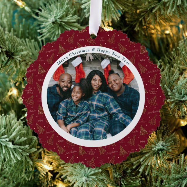 Elegant Red Christmas & Happy New Year Two Photos Tree Decoration Card (Insitu (Tree))