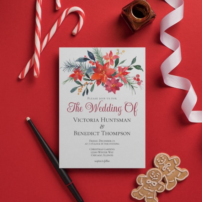 Elegant Red Christmas Poinsettia Floral Wedding Invitation (Creator Uploaded)