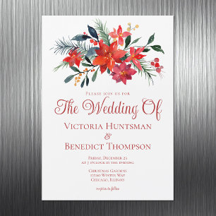 Elegant Red Christmas Poinsettia Floral Wedding Magnetic Invitation